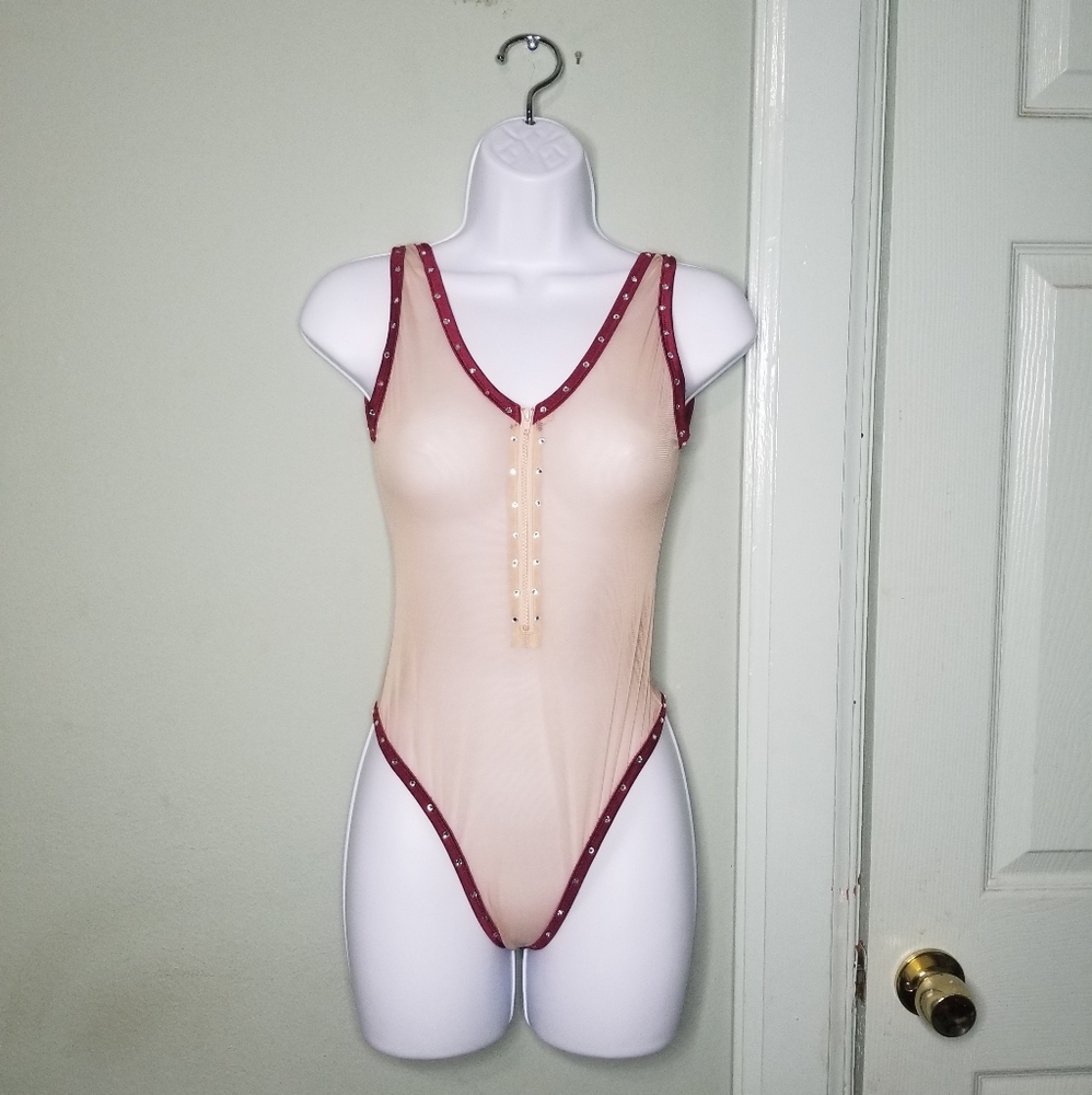Thong Mesh Red Bedazzled One Piece, Size XS/S